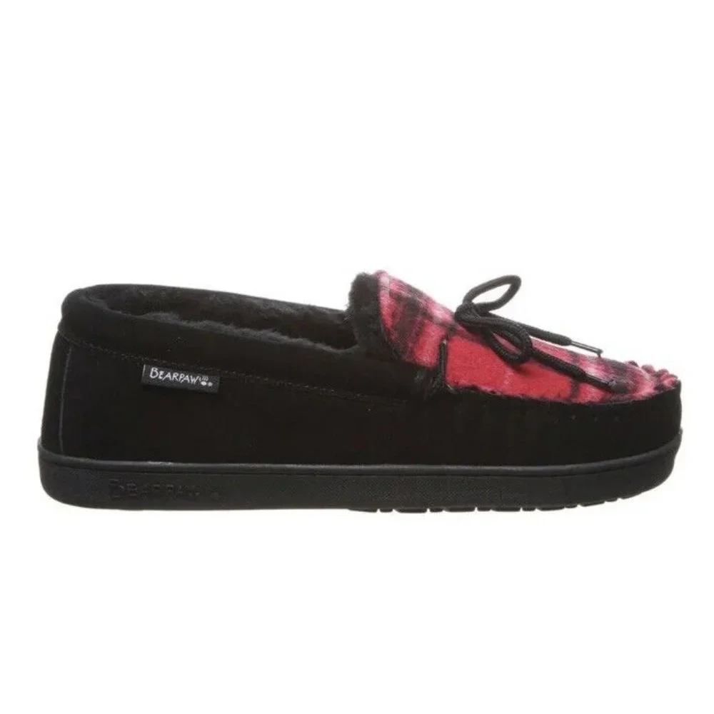 New BEARPAW Men Moc II Black Multi Red Plaid Slip‎ On Slipper Shearling Lined 10